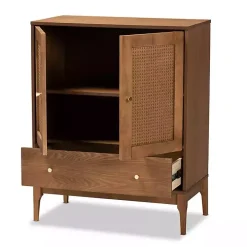 Mid-Century Modern Rattan Walnut Cabinet