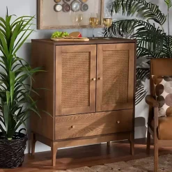 Mid-Century Modern Rattan Walnut Cabinet