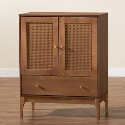 Mid-Century Modern Rattan Walnut Cabinet