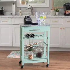 Mint Green Rolling Kitchen Cart with Granite Top
