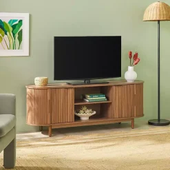 Mocha Brown Wood Reeded Oval TV Stand