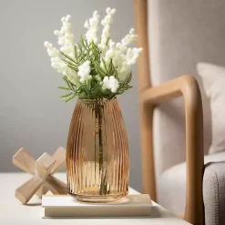 Modern Amber Ribbed Glass Vase