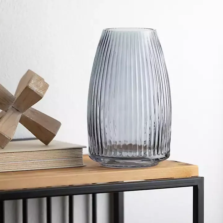 Modern Gray Ribbed Glass Vase