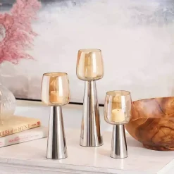Modern Silver Base Glass 3-pc. Candle Holder Set