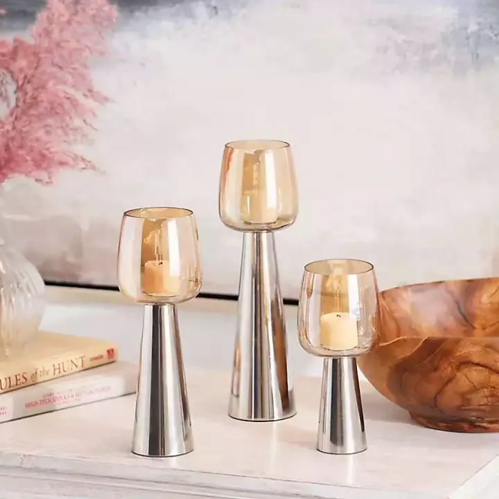 Modern Silver Base Glass 3-pc. Candle Holder Set