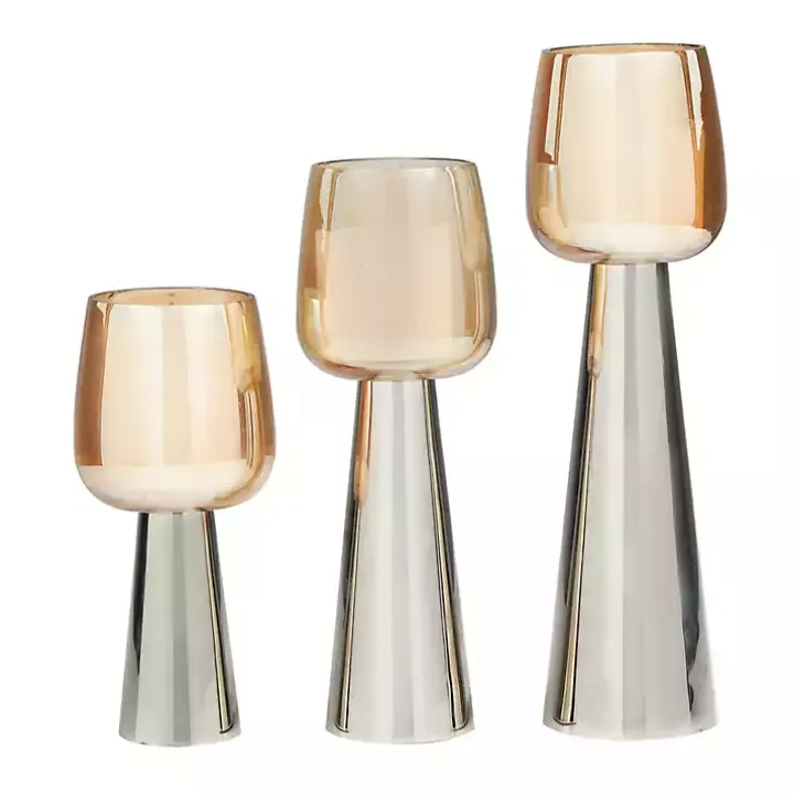 Modern Silver Base Glass 3-pc. Candle Holder Set
