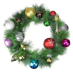 Multicolored Ornaments and Pine Wreath