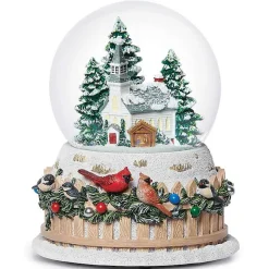 Musical Church and Birds on Fence Christmas Dome