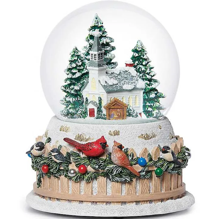 Musical Church and Birds on Fence Christmas Dome