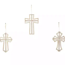 Natural Beaded Wood Cross Wall Plaques, Set of 3