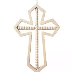 Natural Beaded Wood Cross Wall Plaques, Set of 3