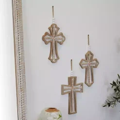 Natural Beaded Wood Cross Wall Plaques, Set of 3