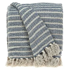 Natural Blue Striped Woven Tassel Throw