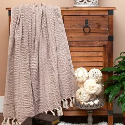 Natural Brown Striped Woven Tassel Throw