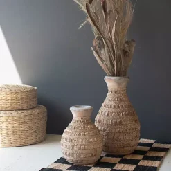 Natural Carved Textured Wood Vases, Set of 2