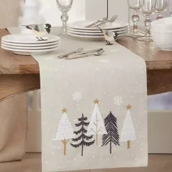 Natural Embroidered Christmas Trees Table Runner