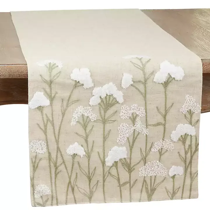 Natural Embroidered Floral Table Runner