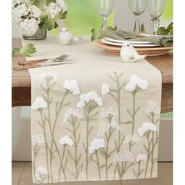 Natural Embroidered Floral Table Runner