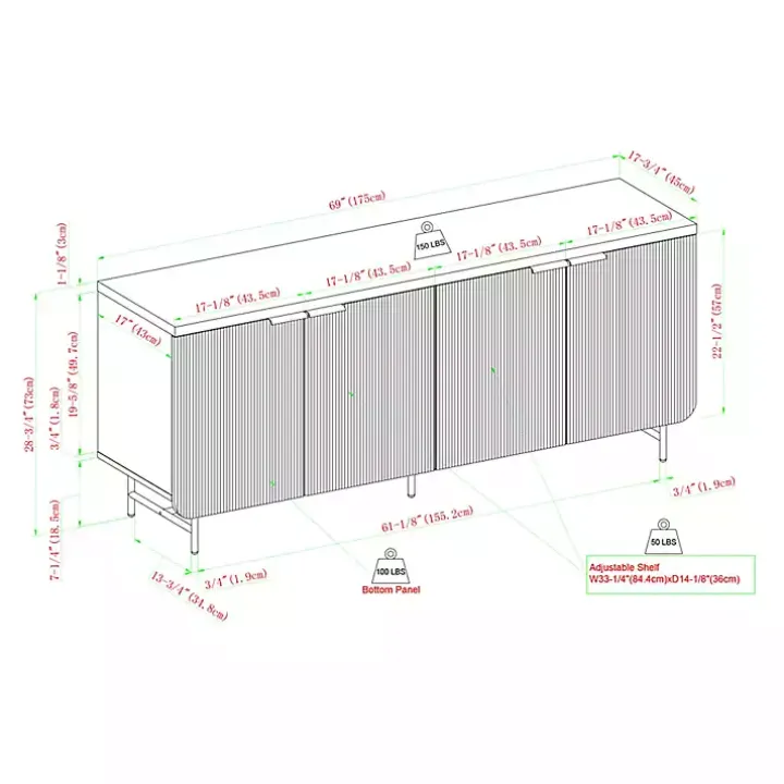 Natural Fluted Wood 4-Door Scandinavian Cabinet