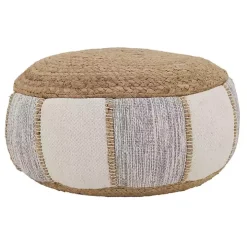 Natural Gray and White Striped Jute Pouf
