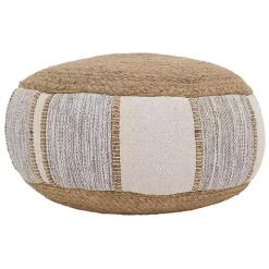 Natural Gray and White Striped Jute Pouf
