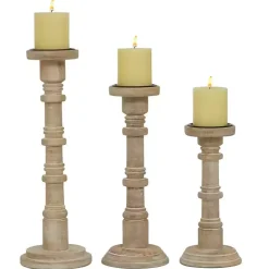 Natural Mango Wood Pillar Candle Holders, Set of 3