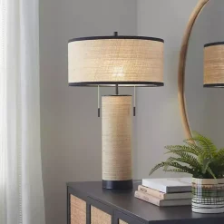 Natural Rattan and Black Metal Table Lamp