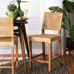 Natural Rattan and Wood Counter Stool