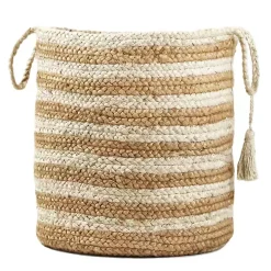 Natural Striped Jute Basket with Handles, 19 in.