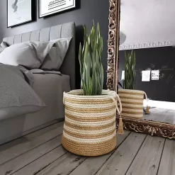 Natural Striped Jute Basket with Handles, 19 in.