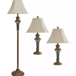 Natural Wood & Bronze Metal 3-pc. Lamp Set