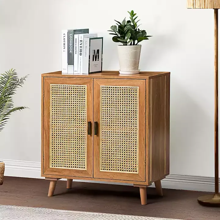 Natural Wood and Rattan 2-Door Cabinet