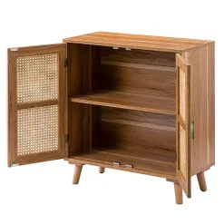 Natural Wood and Rattan 2-Door Cabinet