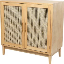 Natural Wood and Rattan 2-Door Storage Cabinet