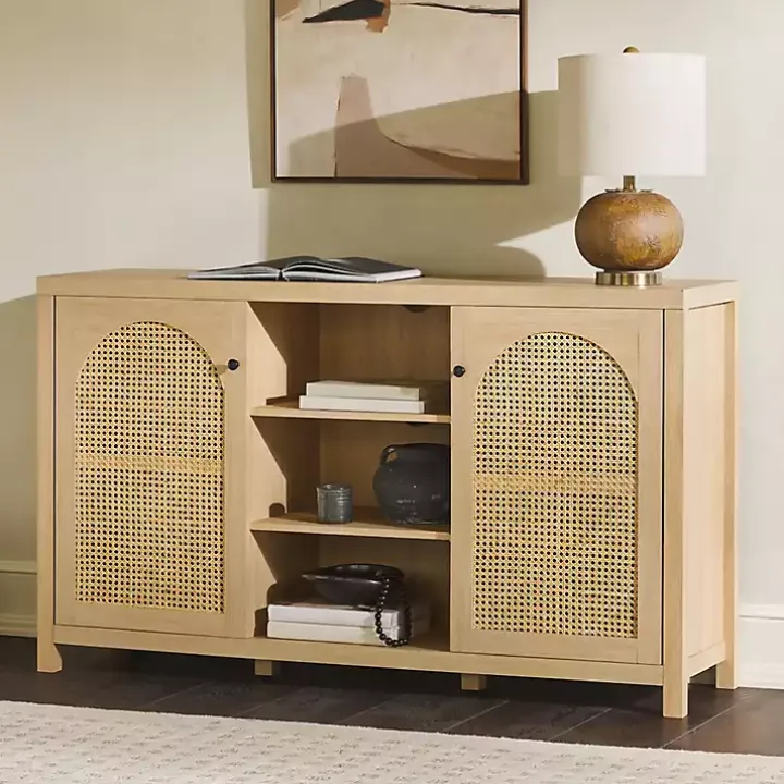 Natural Wood and Rattan 2-Door Sideboard