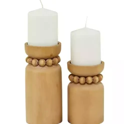 Natural Wood Beaded Candle Holders, Set of 2