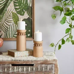 Natural Wood Beaded Candle Holders, Set of 2
