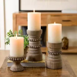 Natural Wood Beaded 3-pc. Pillar Candle Holder Set