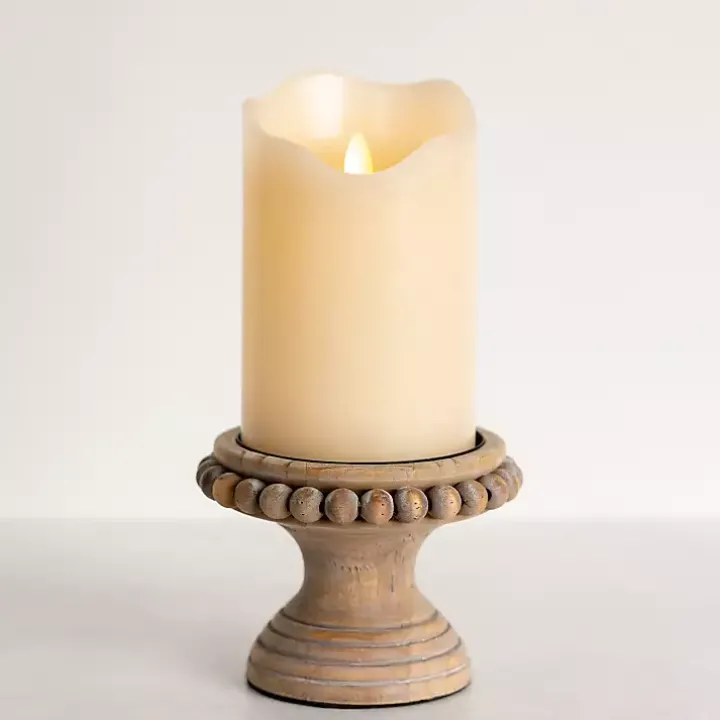 Natural Wood Beaded Pillar Candle Holder, 4 in.
