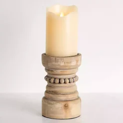 Natural Wood Beaded Pillar Candle Holder, 8 in.