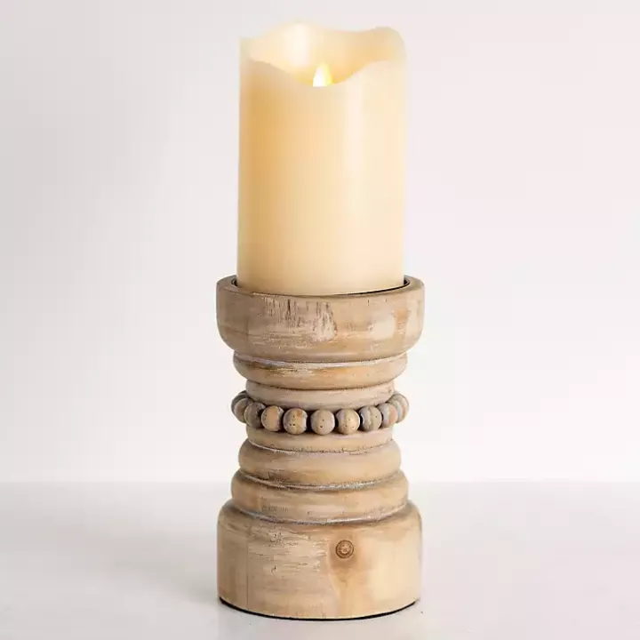 Natural Wood Beaded Pillar Candle Holder, 8 in.