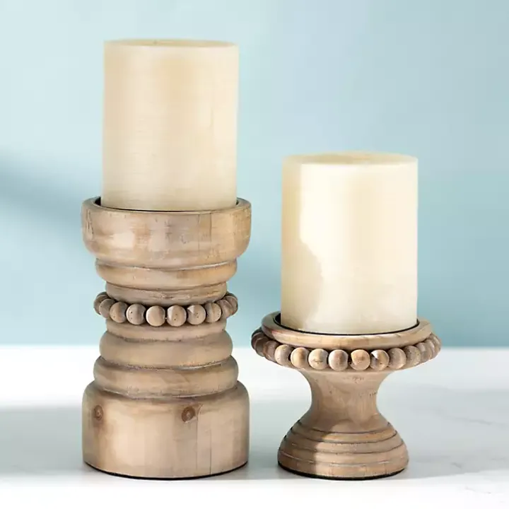 Natural Wood Beaded Pillar Candle Holder, 8 in.