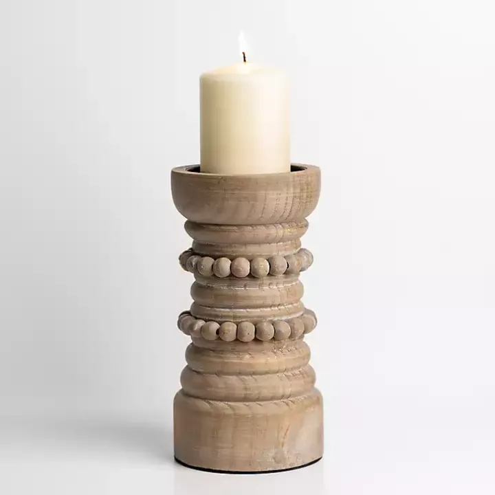 Natural Wood Beaded Pillar Candle Holder, 9 in.