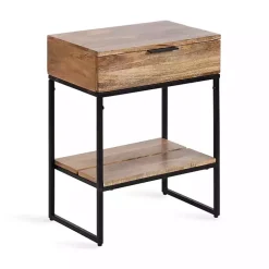 Natural Wood Black Metal Accent Table