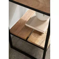 Natural Wood Black Metal Accent Table