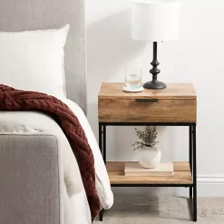 Natural Wood Black Metal Accent Table