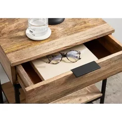 Natural Wood Black Metal Accent Table