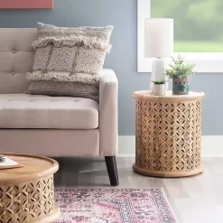 Natural Wood Carved Diamonds Accent Table