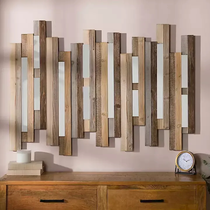 Natural Wooden Planks Mirrored Wall Plaque