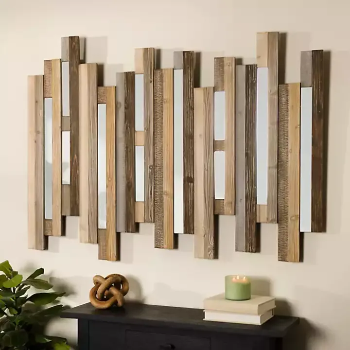 Natural Wooden Planks Mirrored Wall Plaque